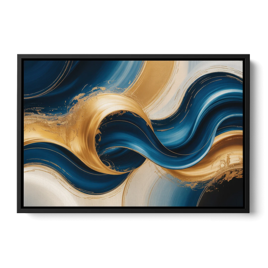 Opulent Waves in Blue and Gold Abstract - Black Framed Canvas Wall Art - Front