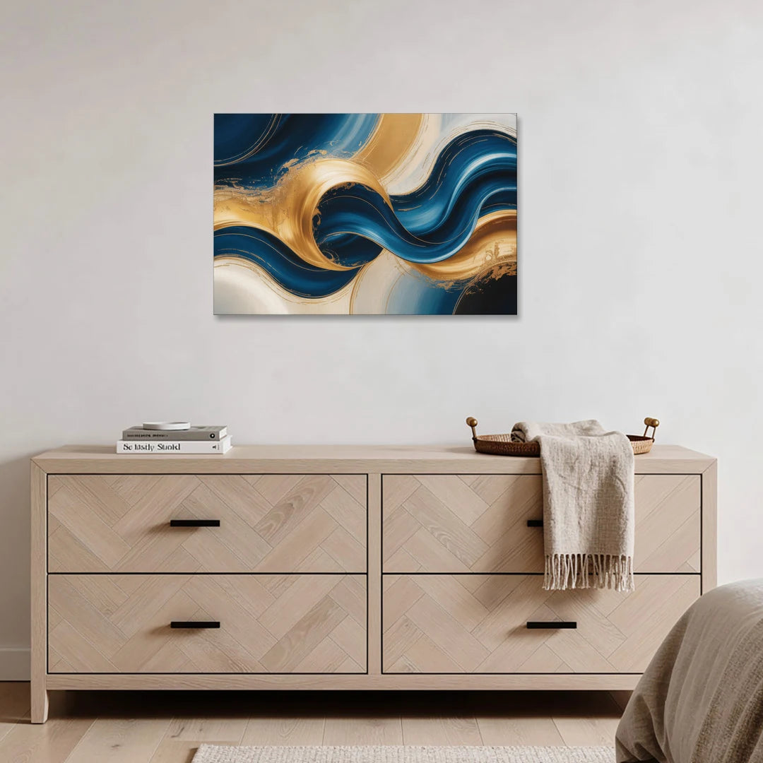 Opulent Waves in Blue and Gold Abstract - Canvas Wall Art - Coffee Table - 36x24