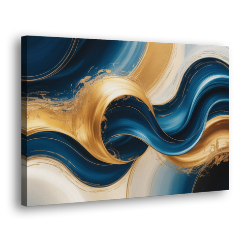 Opulent Waves in Blue and Gold Abstract - Canvas Wall Art - Side