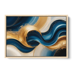 Opulent Waves in Blue and Gold Abstract - Oak Framed Canvas Wall Art - Front