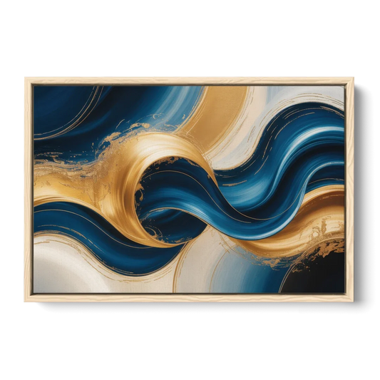 Opulent Waves in Blue and Gold Abstract - Oak Framed Canvas Wall Art - Front