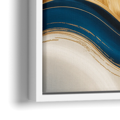 Opulent Waves in Blue and Gold Abstract - Close-Up White Frame Canvas