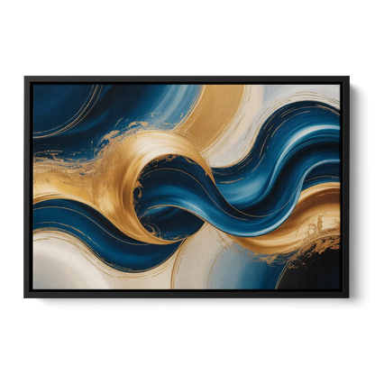 Opulent Waves in Blue and Gold Abstract - Black Frame Canvas