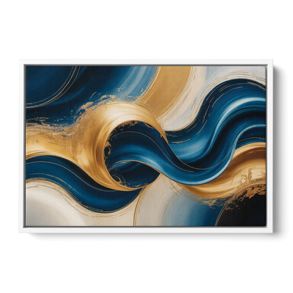 Opulent Waves in Blue and Gold Abstract - White Frame Canvas
