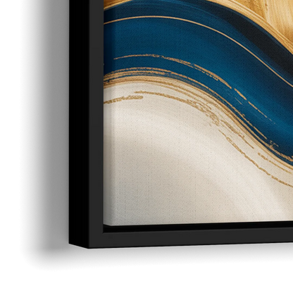 Opulent Waves in Blue and Gold Abstract - Close-Up Black Frame Canvas