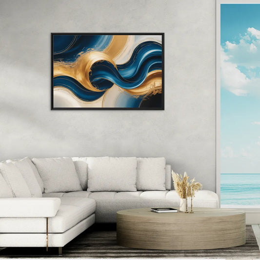 Opulent Waves in Blue and Gold Abstract - Living Room Black Frame Canvas