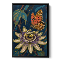 Orange Butterfly Wall Art with a Passionflower - Black Framed Canvas Wall Art - Front