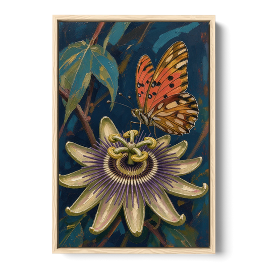 Orange Butterfly Wall Art with a Passionflower - Oak Framed Canvas Wall Art - Front