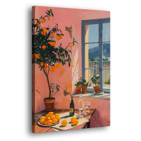 Orange Painting of a Sunny Kitchen Window - Canvas Wall Art - Side
