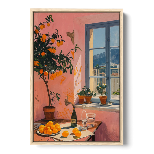 Orange Painting of a Sunny Kitchen Window - Oak Framed Canvas Wall Art - Front