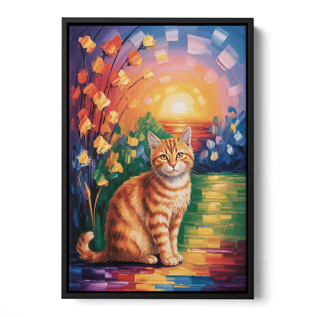 Orange Sunset Cat Front - Black Canvas Wall Art