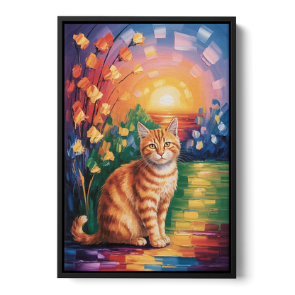 Orange Sunset Cat Front - Black Canvas Wall Art