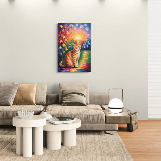 Orange Sunset Cat - Canvas Wall Art Living Room