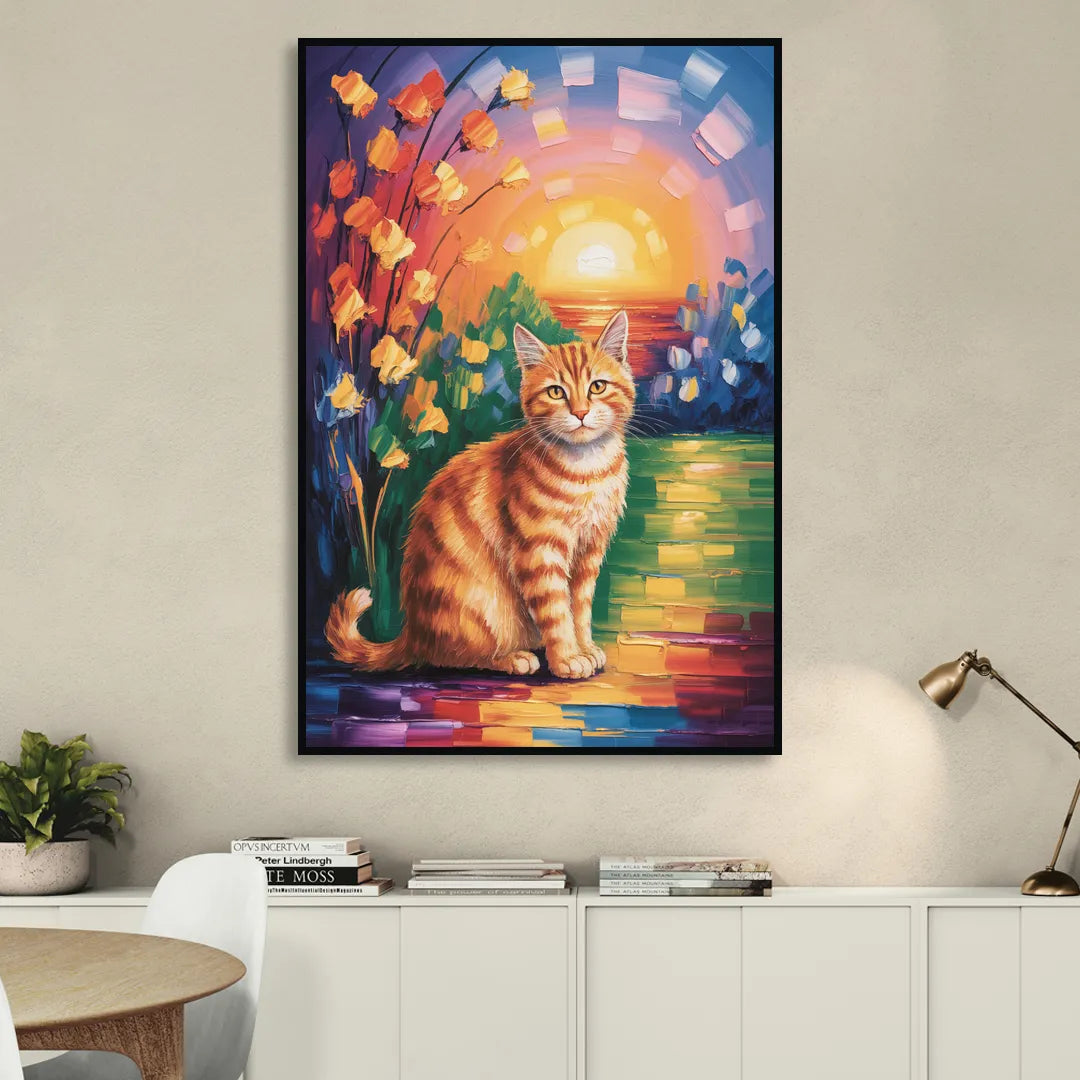 Orange Sunset Cat Living Room - Black Canvas Wall Art