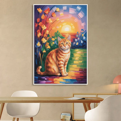 Orange Sunset Cat Sitting Room - White Canvas Wall Art