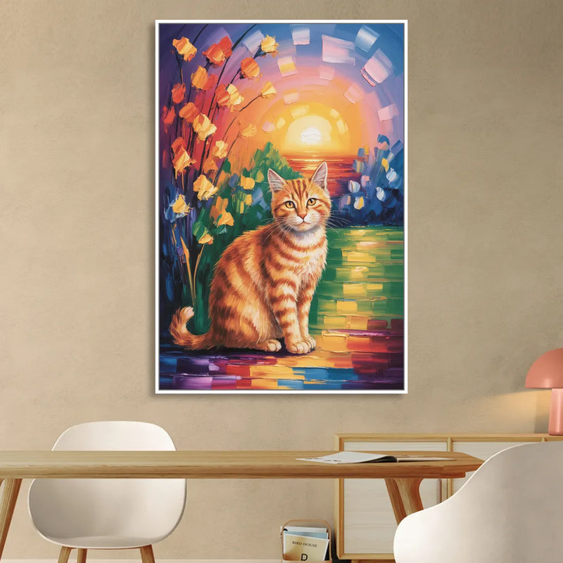 Orange Sunset Cat Sitting Room - White Canvas Wall Art