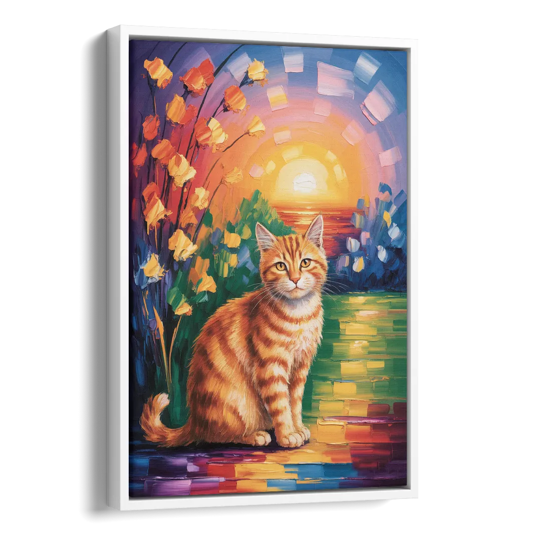 Orange Sunset Cat Side - White Canvas Wall Art
