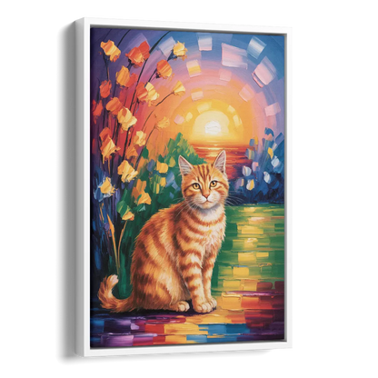 Orange Sunset Cat Side - White Canvas Wall Art