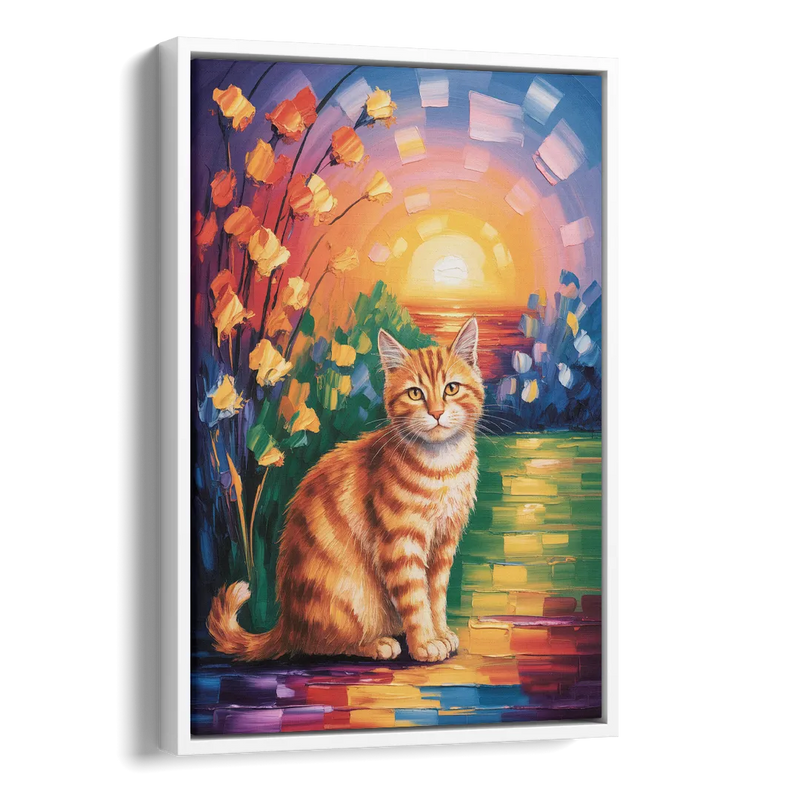 Orange Sunset Cat Side - White Canvas Wall Art