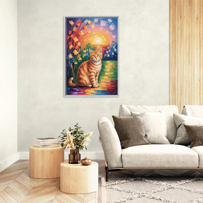 Orange Sunset Cat - Living Room White Frame Canvas