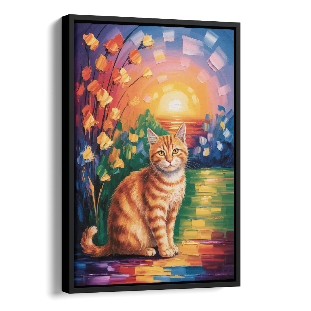 Orange Sunset Cat Side - Black Canvas Wall Art