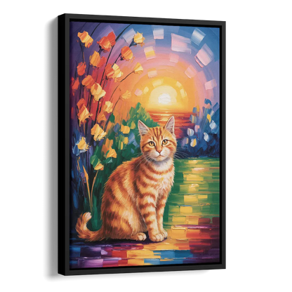 Orange Sunset Cat Side - Black Canvas Wall Art