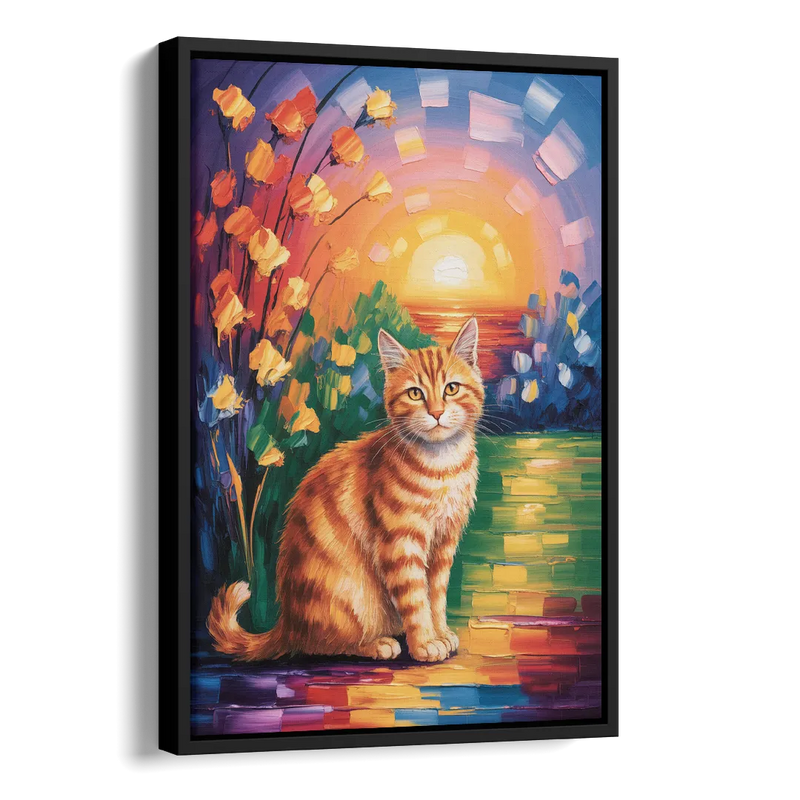 Orange Sunset Cat Side - Black Canvas Wall Art