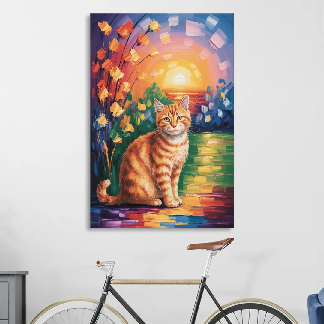 Orange Sunset Cat Sitting Room - Canvas Wall Art