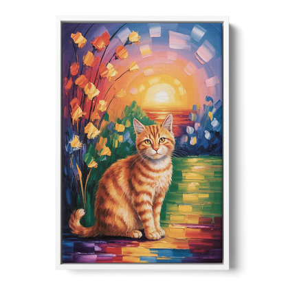 Orange Sunset Cat Front - White Canvas Wall Art
