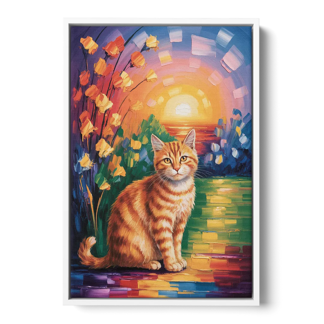 Orange Sunset Cat - White Frame Canvas