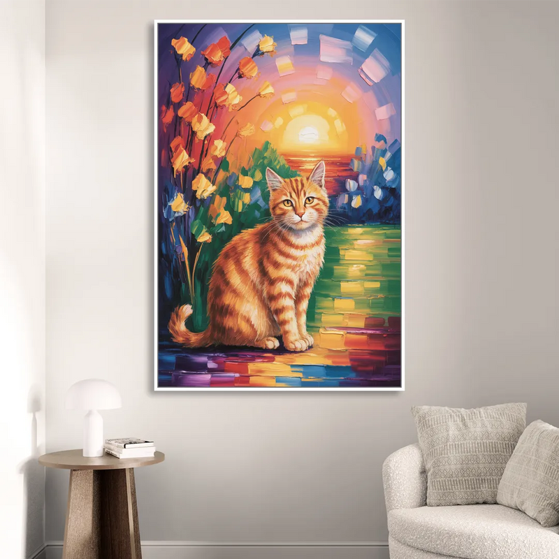 Orange Sunset Cat Living Room - White Canvas Wall Art