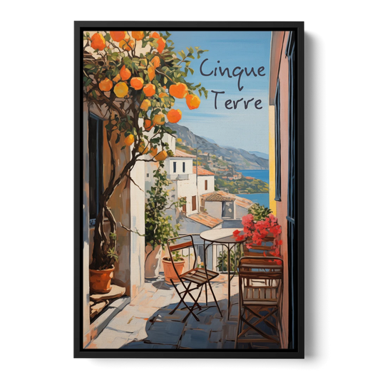 Orange Tree Painting on a Cinque Terre Terrace - Black Framed Canvas Wall Art - Front