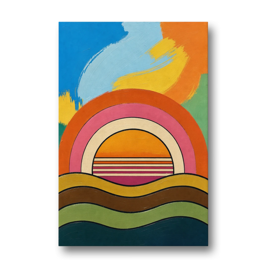 Orange and Pink Wall Art with a Rainbow Sun - Canvas Wall Art - Front