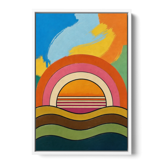 Orange and Pink Wall Art with a Rainbow Sun - White Framed Canvas Wall Art - Front