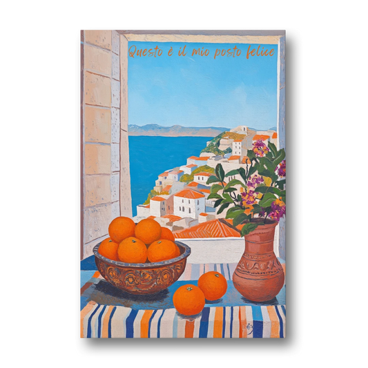 Oranges Painting with a Sea View Window - Canvas Wall Art - Front