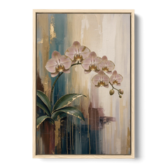 Orchid Canvas Painting with Gold Leaf Edges - Oak Framed Canvas Wall Art - Front
