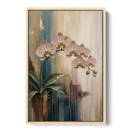 Orchid Canvas Painting with Gold Leaf Edges - Oak Framed Canvas Wall Art - Front