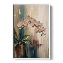 Orchid Canvas Painting with Gold Leaf Edges - White Framed Canvas Wall Art - Front