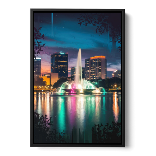 Orlando Downtown Night Lights - Black Framed Canvas Wall Art - Front