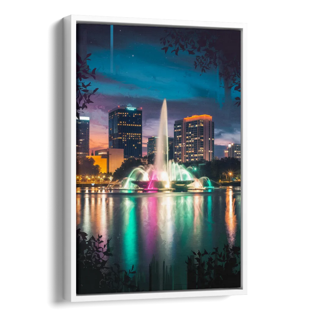 Orlando Downtown Night Lights Side - White Canvas Wall Art