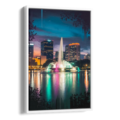 Orlando Downtown Night Lights Side - White Canvas Wall Art