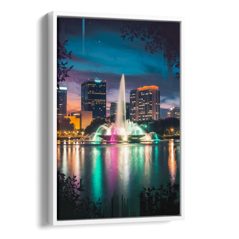 Orlando Downtown Night Lights Side - White Canvas Wall Art