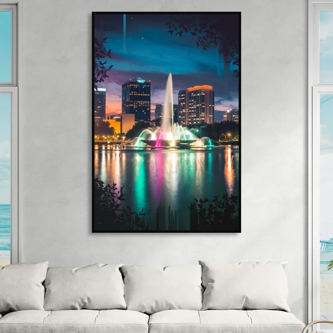 Orlando Downtown Night Lights Sitting Room - Black Canvas Wall Art