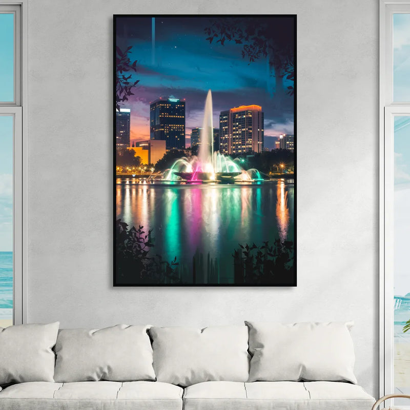 Orlando Downtown Night Lights Sitting Room - Black Canvas Wall Art