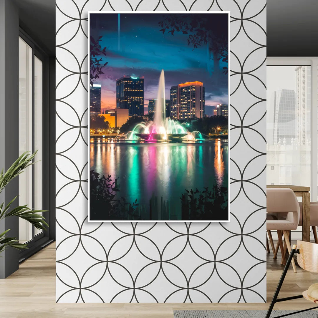 Orlando Downtown Night Lights Sitting Room - White Canvas Wall Art