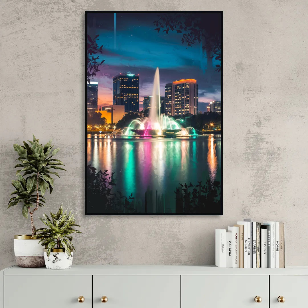 Orlando Downtown Night Lights Living Room - Black Canvas Wall Art