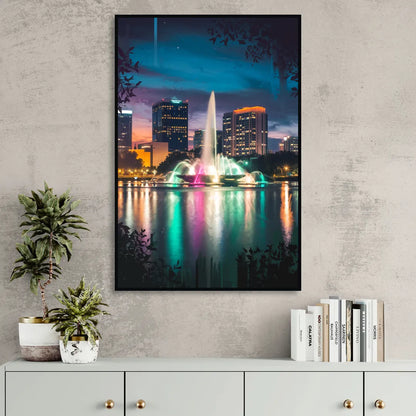 Orlando Downtown Night Lights Living Room - Black Canvas Wall Art