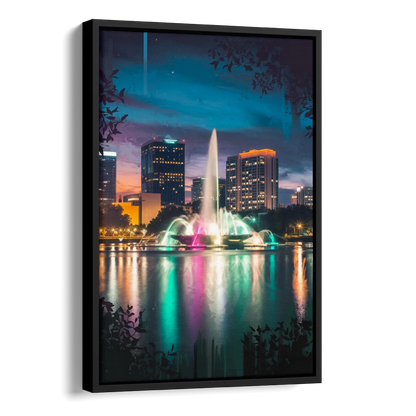 Orlando Downtown Night Lights Side - Black Canvas Wall Art