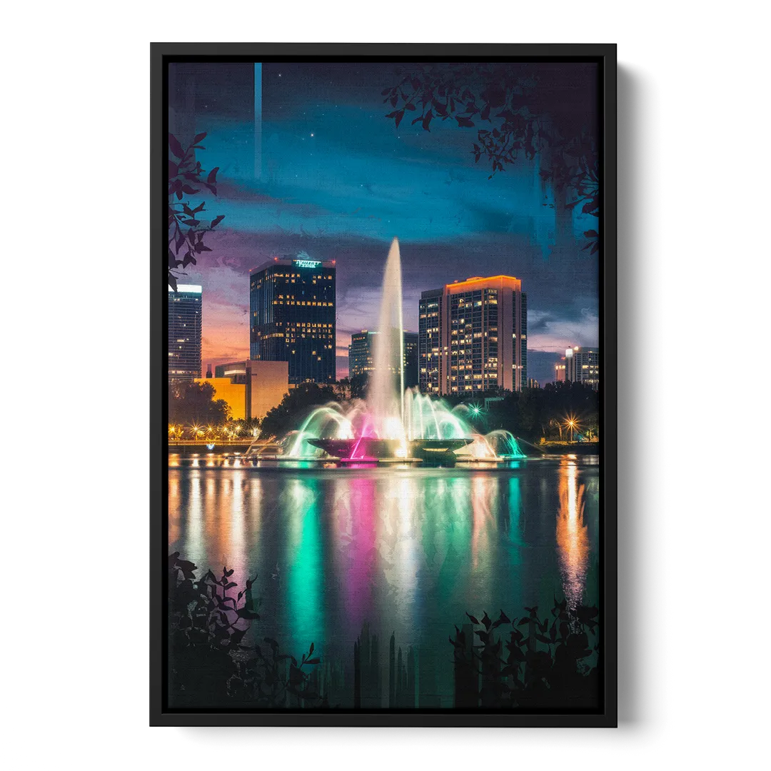 Orlando Downtown Night Lights Front - Black Canvas Wall Art
