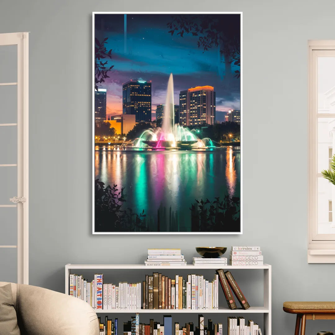 Orlando Downtown Night Lights Living Room - White Canvas Wall Art
